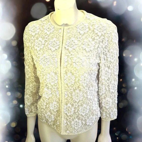 Chic Vintage 50s 60s Beaded All Over Cardigan Sweater In‎ White S-M